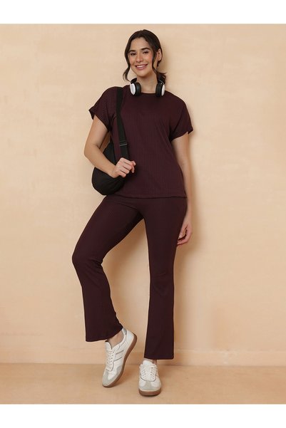 Clovia By Styli Maroon Ribbed Top And Pants Loungewear Set
