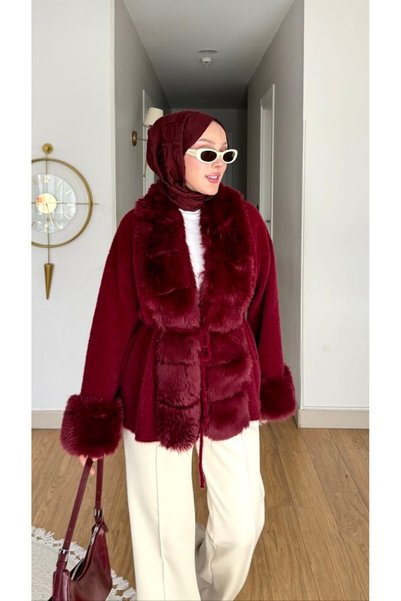 DİLARA GİYİM Peluş Kaban Kol Detaylı Kürklü Kadın Mont Ceket