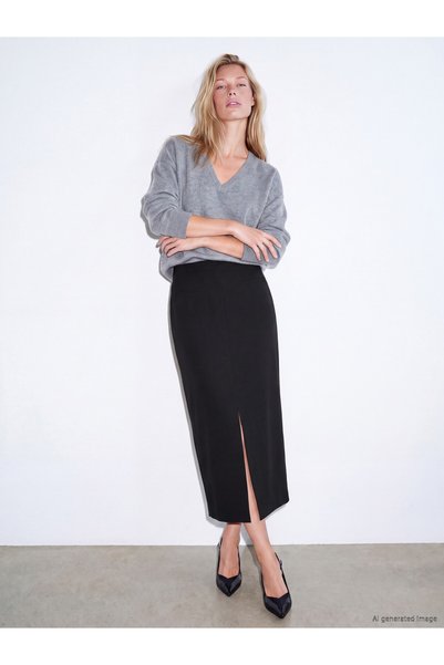 LC Waikiki Two Mt Shop Quality Lcw Vision Black Plain Midi Women's Skirt