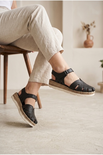 MERVESTORE Women's Genuine Leather Black Espadrille Sandals with Window Detai...