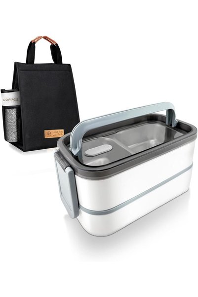 Generic Stainless Steel Lunch Box: 1400ml Double Layer Microwave-Safe Bento B...