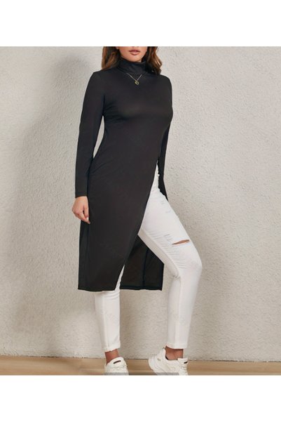 Take Two By Styli Black Long Sleeve High-Slit Tunic Top