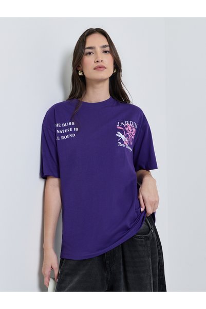 Styli Purple Floral Graphic Oversized Cotton T-Shirt