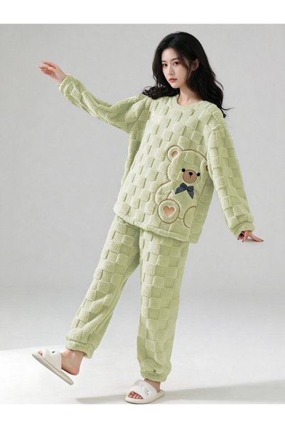 Take Two By Styli Green Teddy Bear Fleece Lounge Set