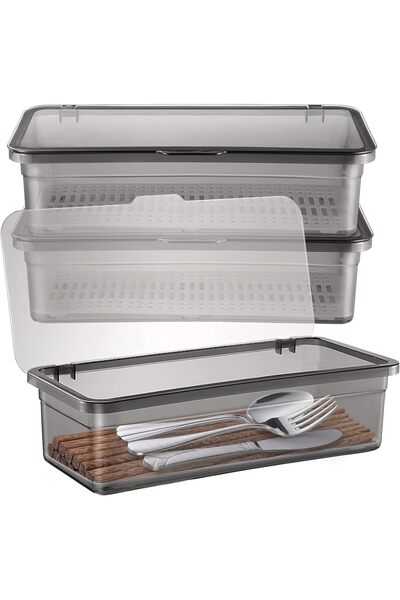 Generic Clear Silverware Organizer with Lid, Stackable Utensil Drawer Tray