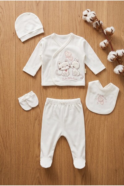 ZEYNUKO Girl Baby Cat-Embroidered 0–3 Months 5-Piece Newborn Hospital Dischar...