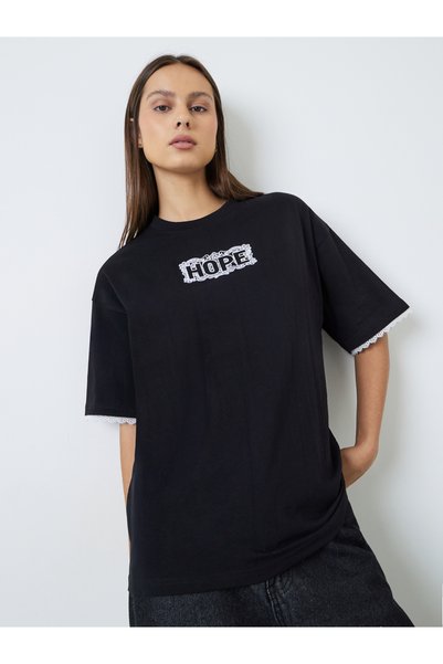 Styli Black Oversized Cotton T-Shirt with Embroidered Slogan