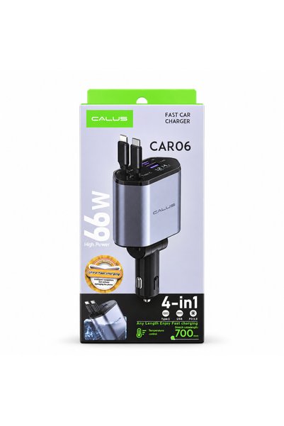 calus CAR06 66W 4-in-1 Car Charger with Retractable USB-C & Lightning Cables