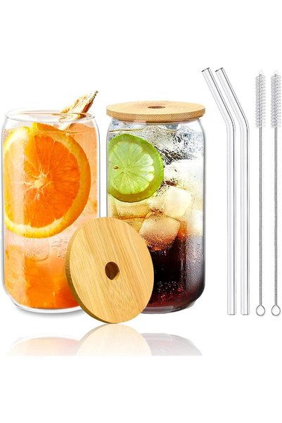 Generic مجموعة أكواب شرب مع أغطية من الخيزران وشفاطات منحنية، أكواب زجاجية عل...