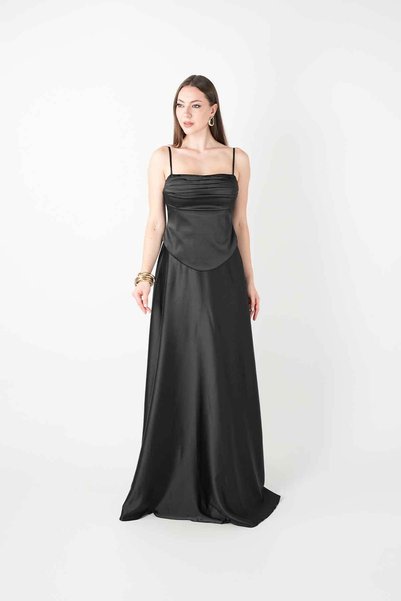 BEYBOS Satin Fabric Drawstring Detailed Strap Evening Dress - Black