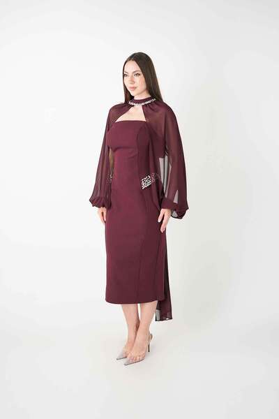 BEYBOS Double Fabric Strapless Pencil Dress with Bolero Detail - Bordo
