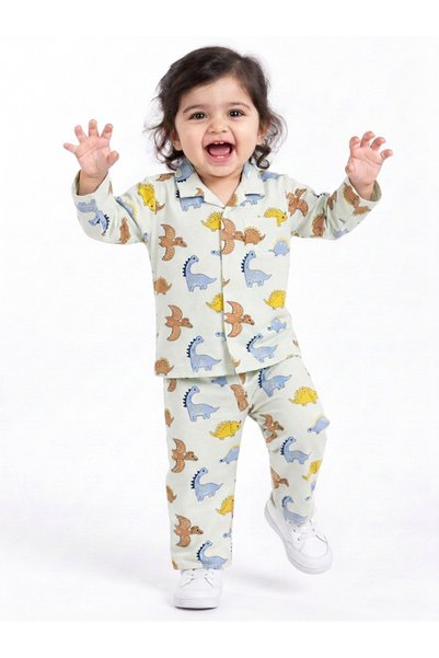 Styli Baby Boy Cotton Dinosaur Print Shirt and Pyjama Set