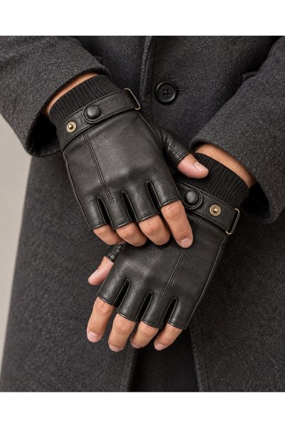 PIECE SIGNATURE Black Faux Leather, Cut-Finger Gloves with Fur Lining for Men...