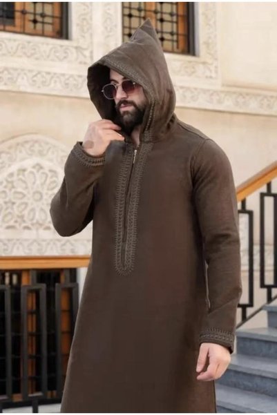 Generic ثوب شتوي فاخر (جلابة رجالية شتوية) مصنوع من خامة الجوخ الدافئة مع غطا...