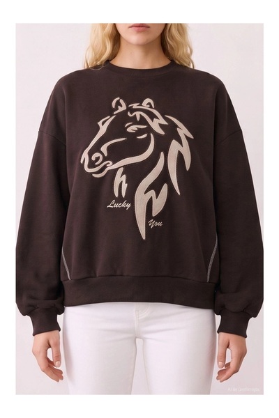 Quzu Women's Sweatshirt with Zip Detail SWT02924 Brown