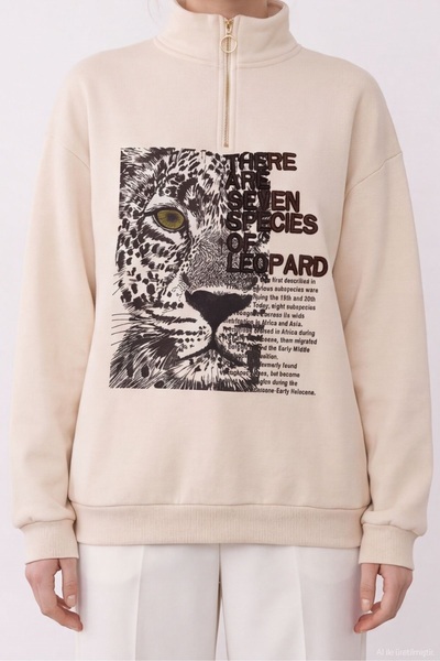 Quzu Women's Sweatshirt with Printed and Embroidered Details SWT02730 Beige