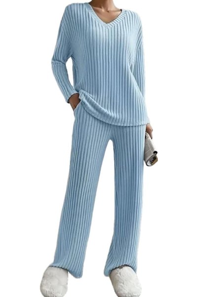Generic 1 Set Women Pajama Blue Long Sleeve Pants Lounge Set