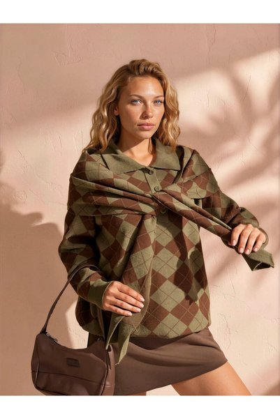 Pasaklı Giyim Women's Khaki Coffee Diamond Patterned 2-Piece Sports Sweatshir...