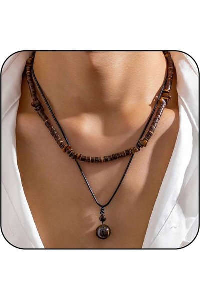 Generic Layered Puka Shell Necklace for Men Brown Coconut Wood Beads Necklace...