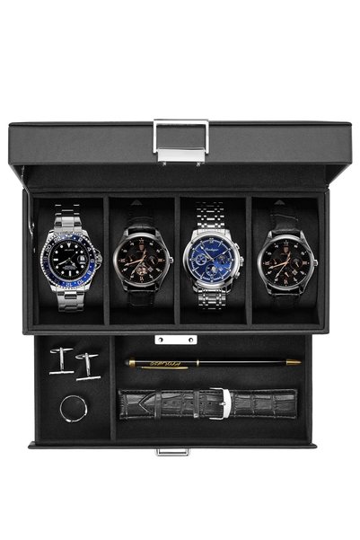 Lolalet 4-Slot Watch Case for Men, Mens Jewelry Box with Glass Lid -Black