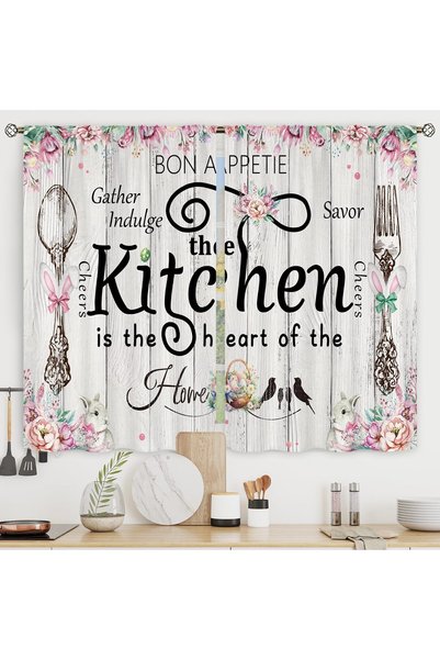 Generic Easter Rustic Rabbit Pink Floral Farmhouse Short Kitchen Curtains ove...