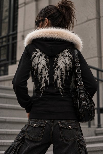 Toum Angel Back-Printed Zipper Black Slim Fit Gothic Fur-Trimmed Cardigan