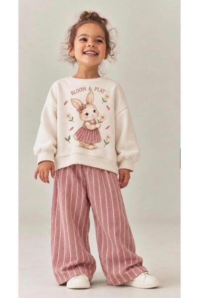 mirkidsclub Girls' Rabbit-Print Set / Oversized Sweatshirt and Rose-Pink Stri...
