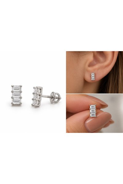 Generic Brand Cercei din argint 925 cu 3 zirconii dreptunghiulare și șurub