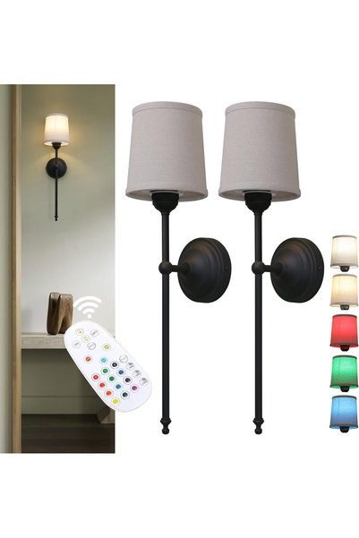 Generic Set of 2 Battery Operated Wall Light Linen Fabric Shade Sconce Wirele...