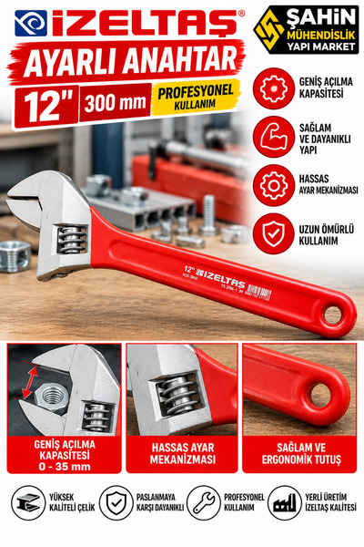 12 İnç 300 mm Ayarlı Kurbağacık Anahtar Profesyonel Krom Kaplama İngiliz Anahtarı