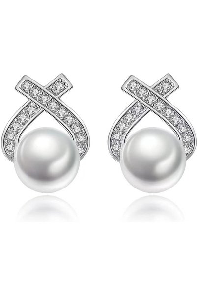 Generic White Pearl Drop Earrings Silver Plated Earrings, 18K Gold Plated CZ ...