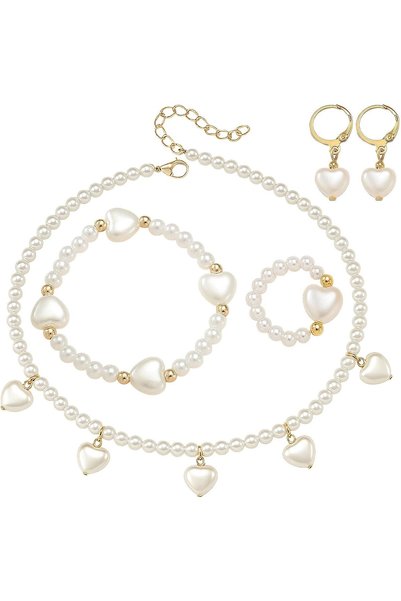 Generic Girls Pearl Jewelry Set of 4, Heart Necklace Earrings Bracelet Ring f...