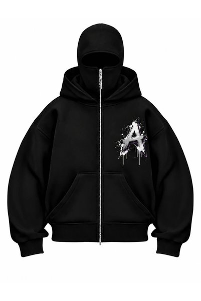 LAND MODA Black Unisex Oversize Full Zip Masked Gothic Hooded Hoodie Sweatshi...