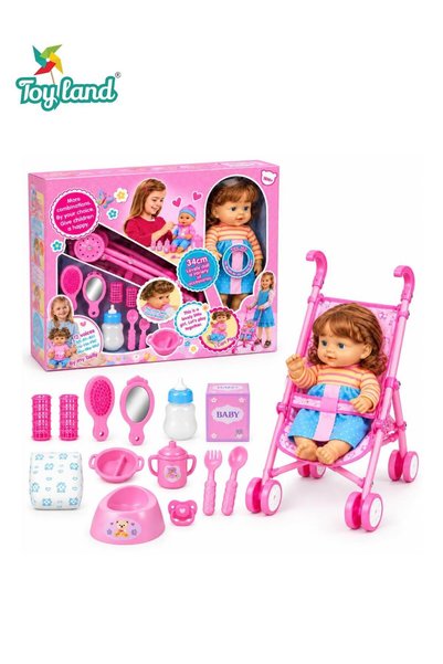 TOY LAND Kids 34cm Interactive Baby Doll with Foldable Stroller, 12 Sounds, D...