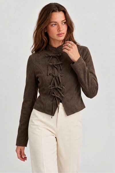 solena sln Women's Tie-Detail Slim Fit Suede Jacket