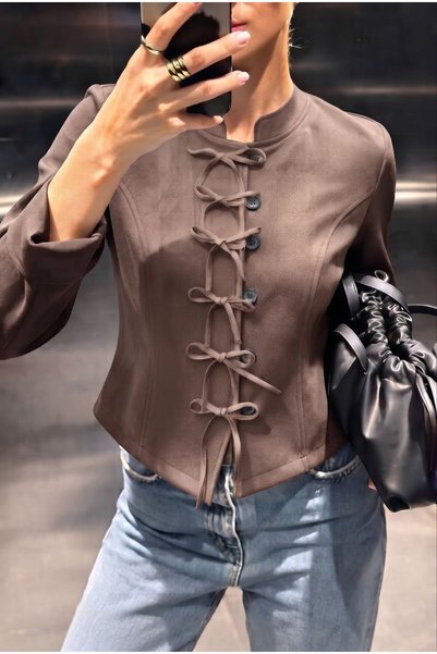 Lovely butik Jachetă cropped din piele întoarsă pentru femei, cu guler, cu șn...