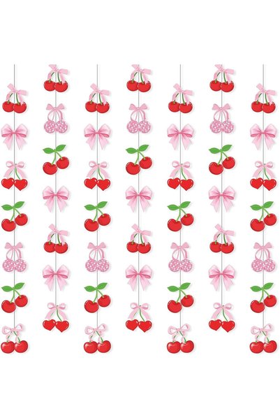 Generic Cherry Party Decorations Pink Bow Garland Banner with Cutout Cherry A...