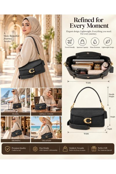 COACH 1941 حقيبة كتف نسائية ريترو تابي بتصميم قلاب من الجلد الأسود المحبب مع ...