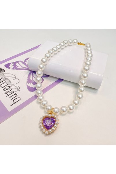 Choice S PURPLE Lovely Heart Pendant Faux Pearl Pet Necklace Stylish Cat Dog ...