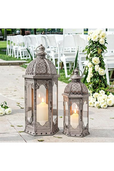 Generic Set of 2 Decorative Candle Lanterns 22"&17" H Vintage Metal Candle Ho...