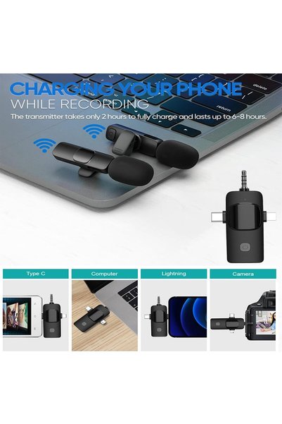 AKSOY K9-C2 Wireless 3ın1 (Kablosuz Mikrofon) Type-C - Lightning -3,5mm Jak Çiftli Yaka Mikrofonu