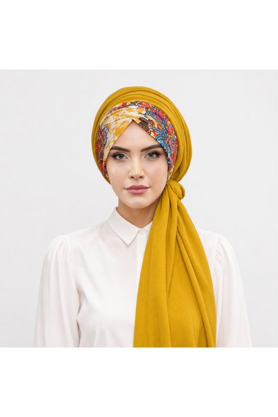 Moda Çizgi شال جاهز برباط بنمط عرقي الخردل