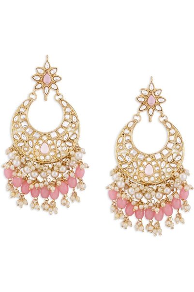 Generic Pink Cluster Beads Drop Kundan Crescent Dangle Earring For Women-ZPFK...