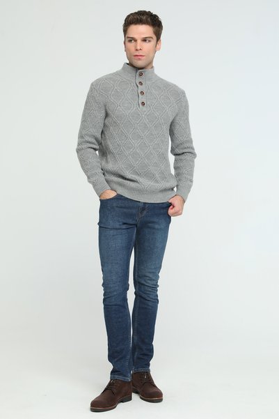 Trist Star Gray Men's 80% Wool, 20% Acrylic Mock Neck Button-Up Diamond Patte...