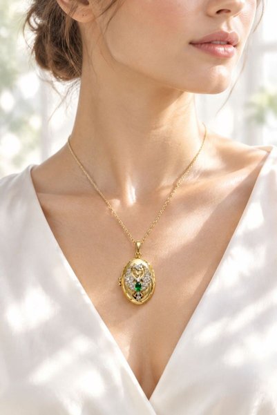 Monalisa Home Gold-Colored Emerald Angel Wing Medallion Steel Necklace
