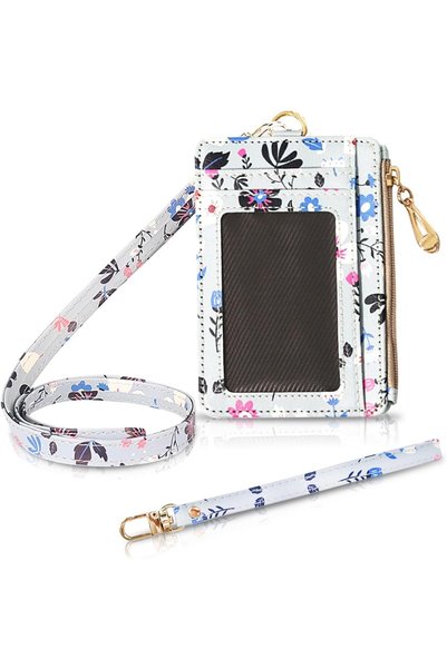 Generic Flower 2-in-1 ID Badge Holder Wallet with Lanyard, Blue Flower Print ...