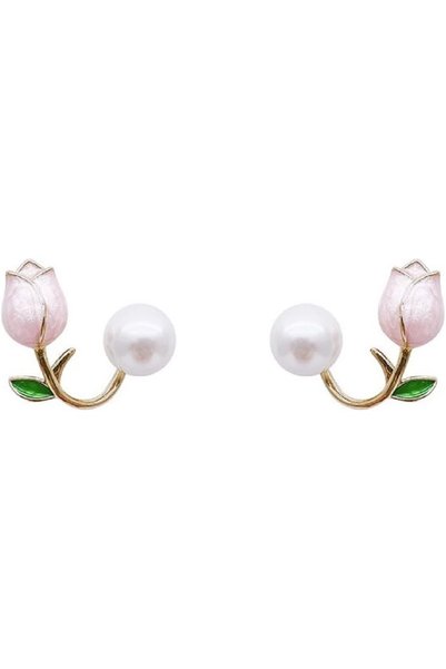 Generic Stylish Pink Flower Pearl Earrings for Women and Girls, Silver Freshw...