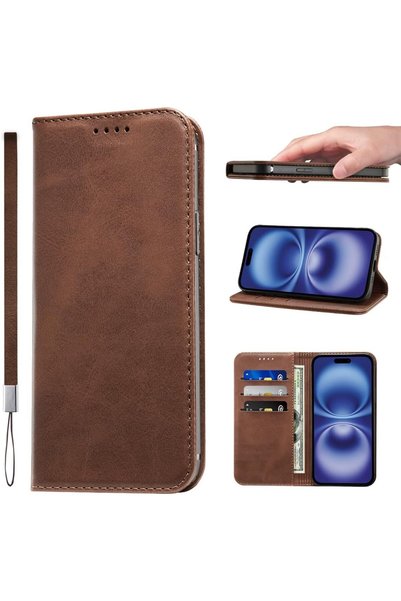 Generic غطاء لهاتف iPhone 16، تصميم قلاب، مصنوع من جلد البولي يوريثان، مع حزا...