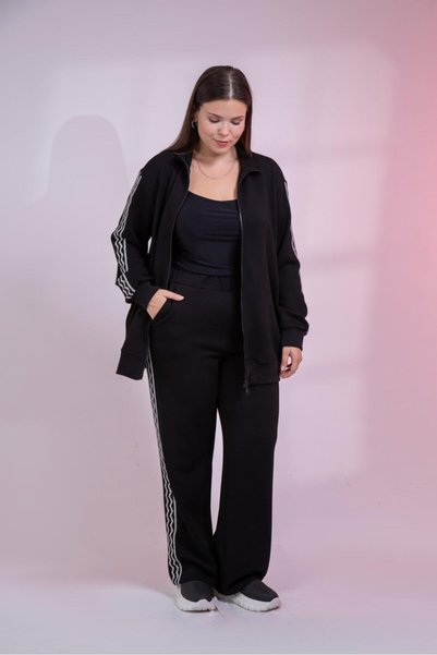 Roxxlen Women's Plus Size Sweatsuit Set with Striped Detail, Black