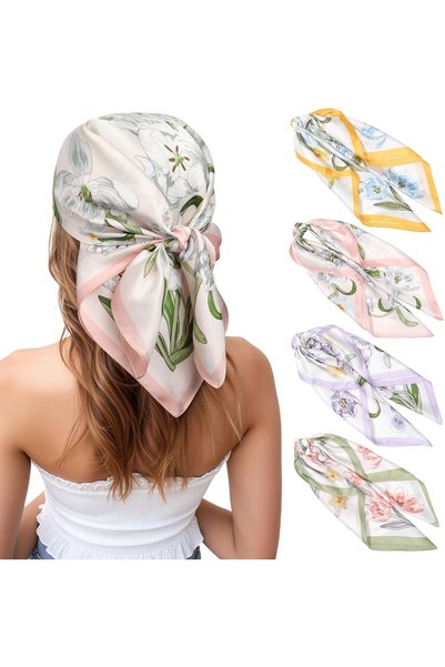 Generic Head Hair Scarf for Women, 4 Pcs 27.5" Silk Feeling Square Hair Scarv...